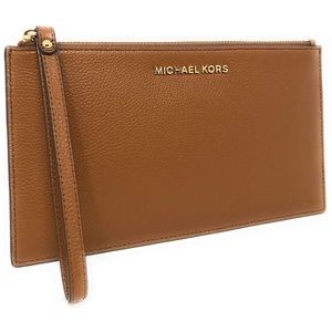 Michael Kors Large Zip Clutch Wristlet Leather Tan
